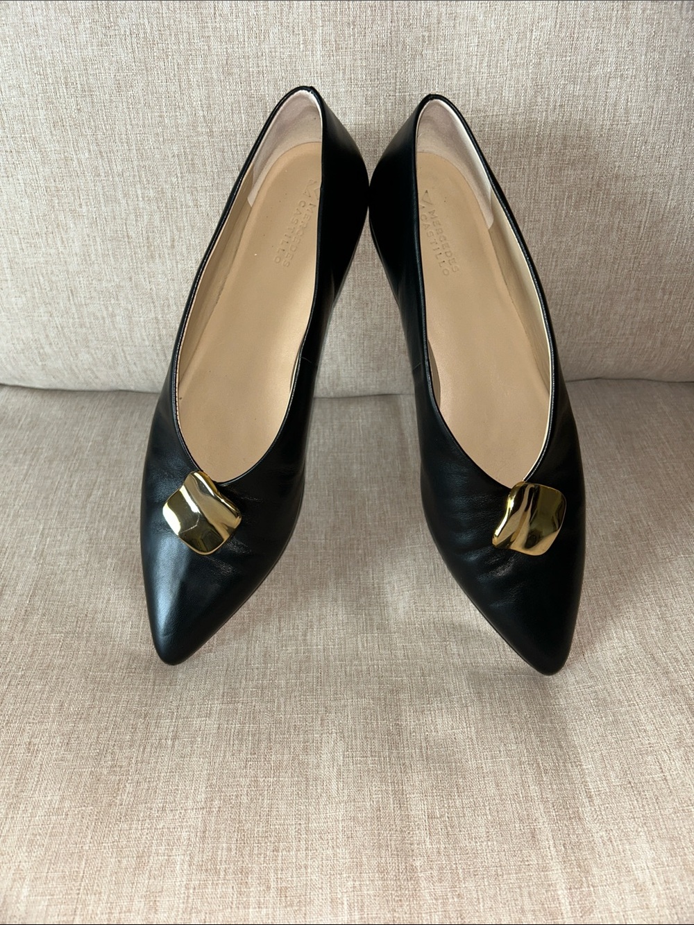 MERCEDES CASTILLO Black Pointed Leather Flats with Gold Accent